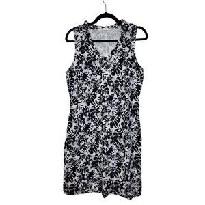 Briggs Tropical Linen Blend Shift Dress Black White Pullover V Neck Sleeveless